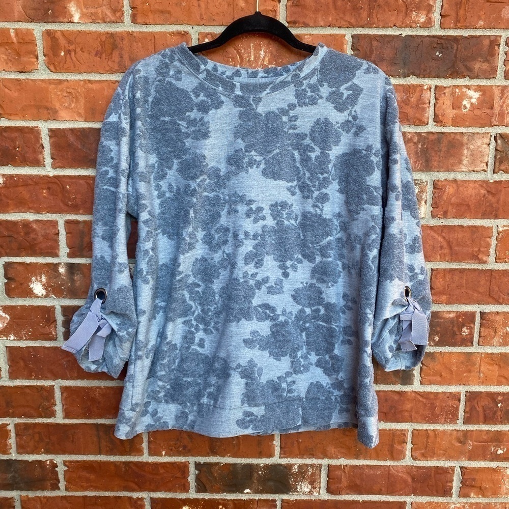 Simply Vera Wang Womens Large Gray Floral Terry Knit Sweater Tie Sleeves